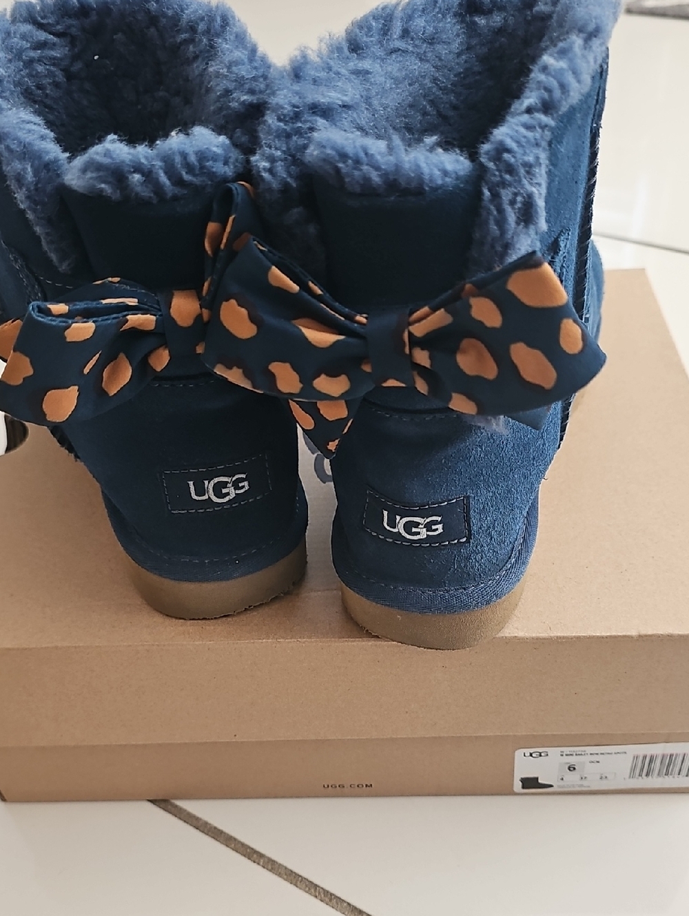 UGG Navy Suede Shearling Bow Back Boots with Tan Leopard Bow